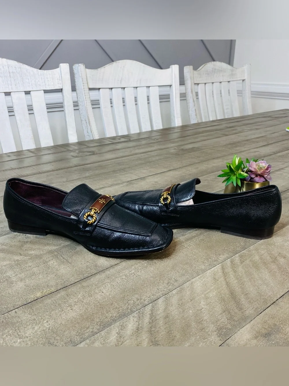 Tory Burch Size 9.5 Perrine Loafer Shoes Square Toe Logo Leather Perfect Black